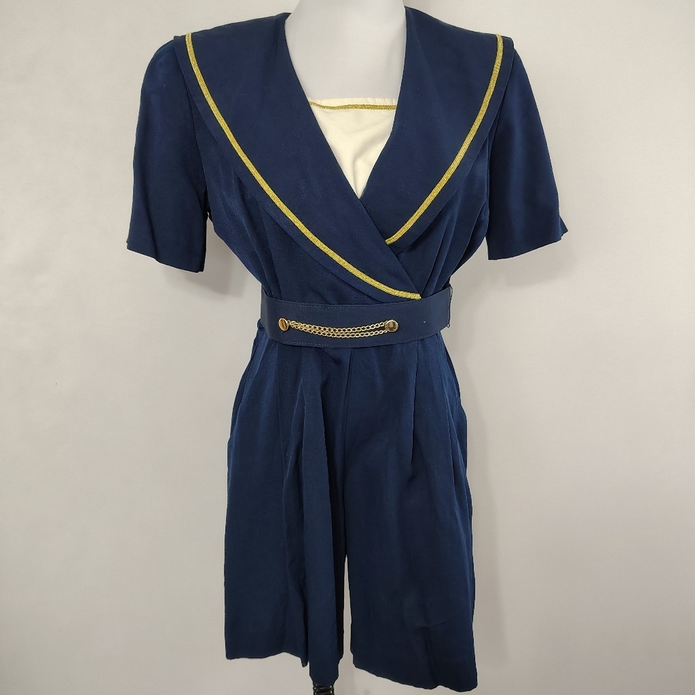 Vintage 80s JSJ Petites Women's Navy Blue Sailor Romper Nautical Size 8
